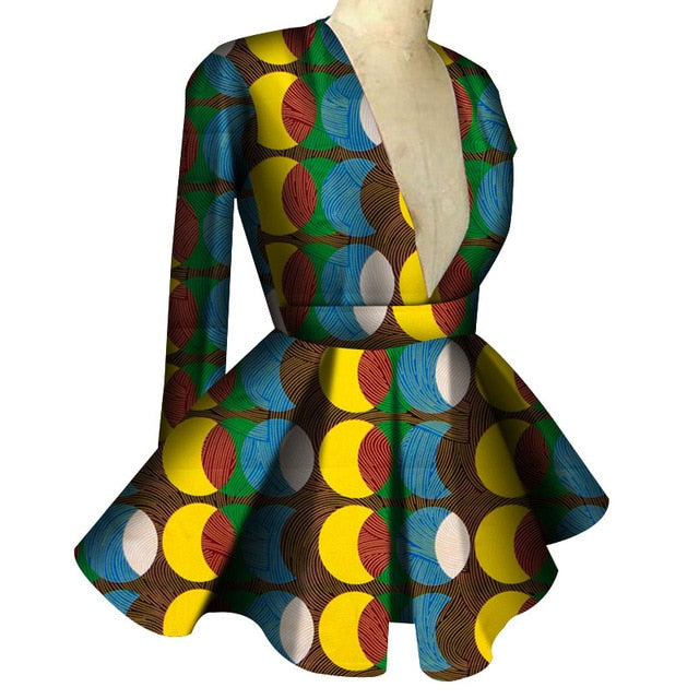 Slim High Waist Long Sleeve  V Collar Lady Fashion Top African Dashiki Print Blouse