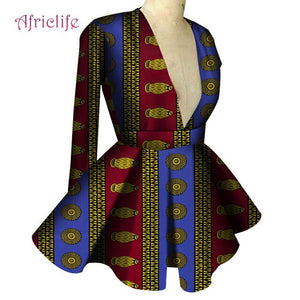Slim High Waist Long Sleeve  V Collar Lady Fashion Top African Dashiki Print Blouse