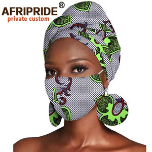 African Headwraps Earrings Print Cotton Headband Bonnet Ankara Wax Fabric Pure Cotton African Headscarf Mask Match Print A20H003