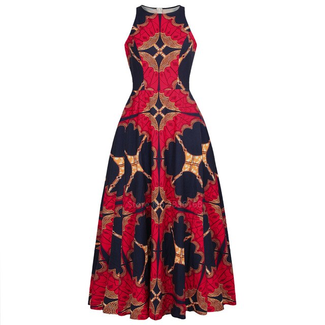 African Round Neck Sleeveless Dashiki Maxi Dress
