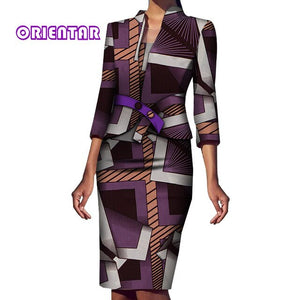 2 Pieces Set Women African Coat and Dress Elegant African Print Bazin Riche Office Female 3/4 Sleeve African Clothes WY5994