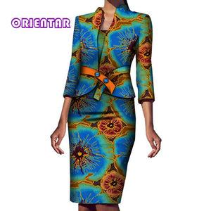 2 Pieces Set Women African Coat and Dress Elegant African Print Bazin Riche Office Female 3/4 Sleeve African Clothes WY5994