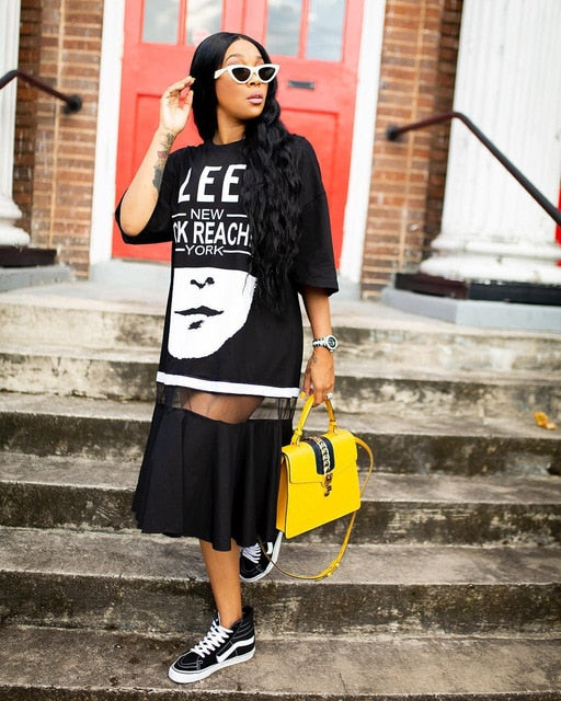 African Hip Hop T-shirt Dress Women Harajuku Long Tee New Half Sleeve Loose Tops