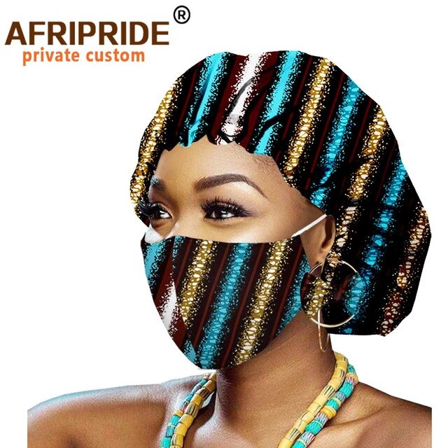 African Bonnets for Women Earrings African Ankara Print Bonnets Night Sleep Hat Turban Wax Batik Cotton Match Print Mask A20H011