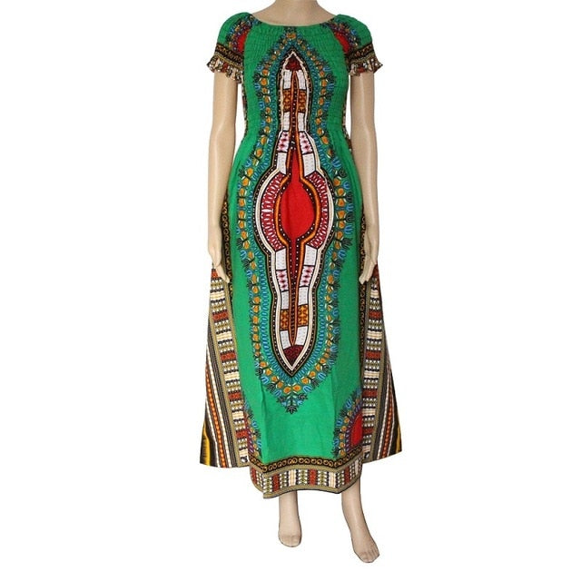 Dashikiage 100% Cotton Vintage Dashiki Long Dress Petal Sleeve Slash Neck African Print Maxi Dresses - two wearing styles