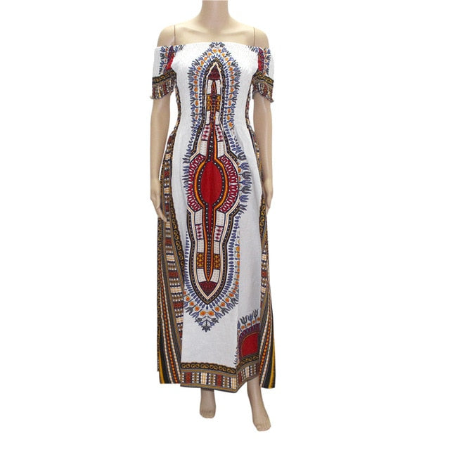 Dashikiage 100% Cotton Vintage Dashiki Long Dress Petal Sleeve Slash Neck African Print Maxi Dresses - two wearing styles