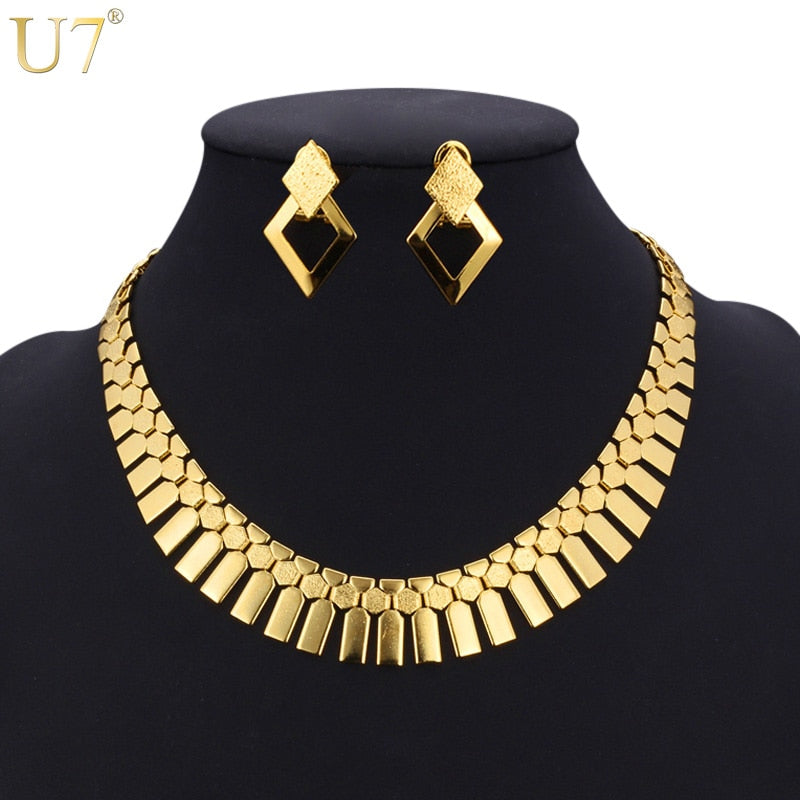Big Gold Color Earrings Choker Necklace Set For Women Gift Geometry Fashion Ethiopian African Costume Jewelry Set