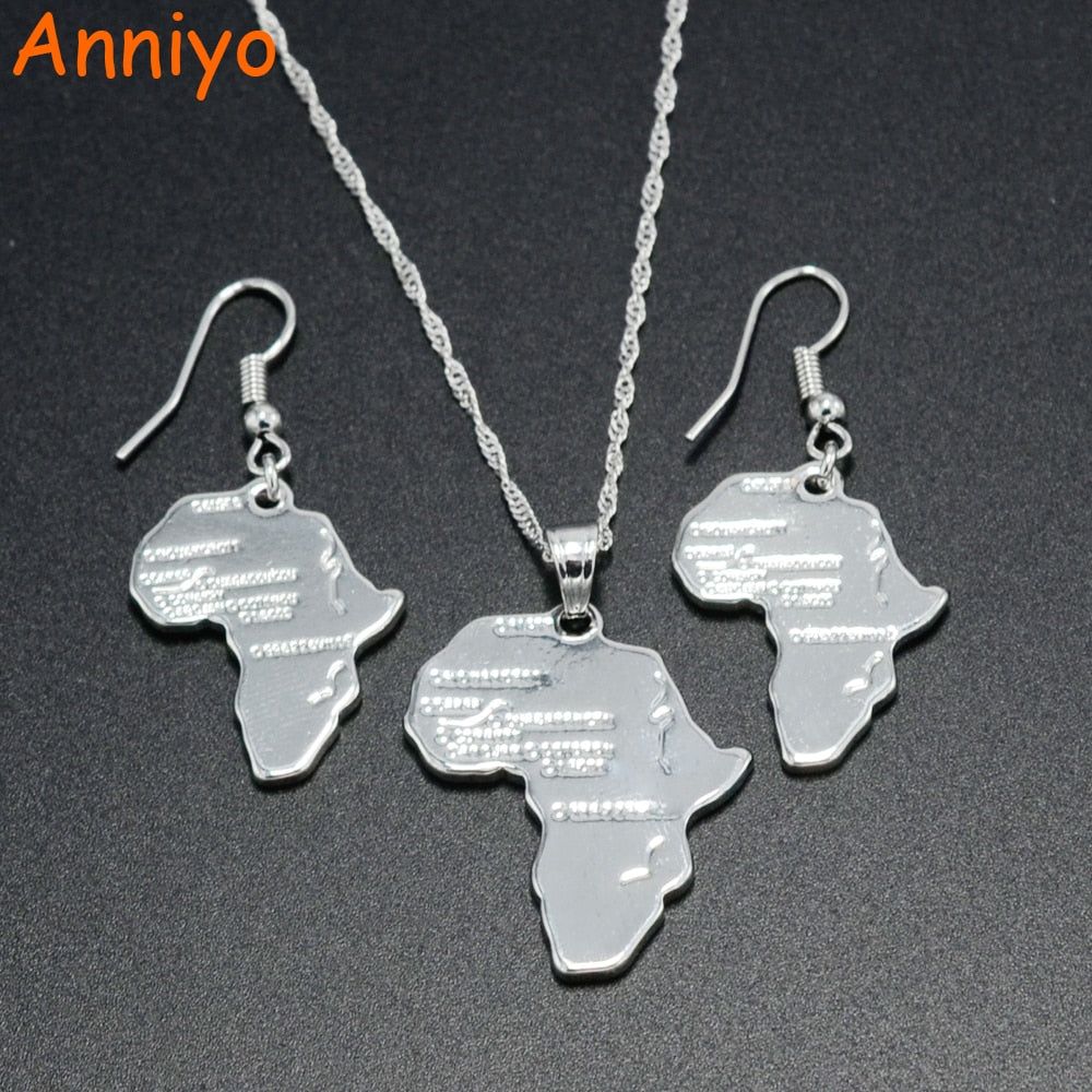 Anniyo Africa Map Pendant Necklaces Earrings Silver Color Ethiopia Jewelry Women,African Maps set #047906