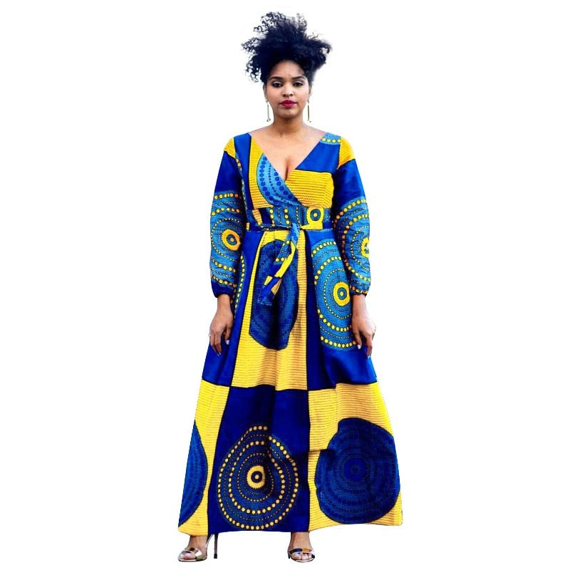 V-neck African Dresses For Women Clothing Dashiki Print Africa Maxi Dress Long Sleeve