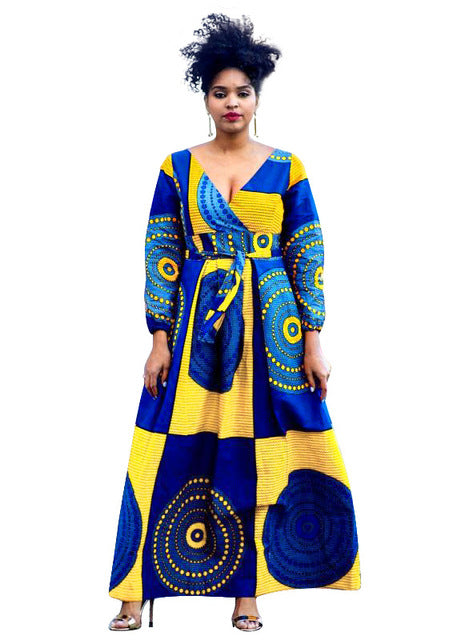 V-neck African Dresses For Women Clothing Dashiki Print Africa Maxi Dress Long Sleeve