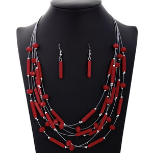 New Fashion Wedding Sets African Beads Coral Jewelry Set For Woman Silver Color Multi Layers Necklace Earring Set