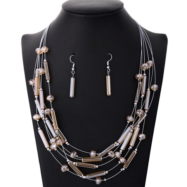 New Fashion Wedding Sets African Beads Coral Jewelry Set For Woman Silver Color Multi Layers Necklace Earring Set