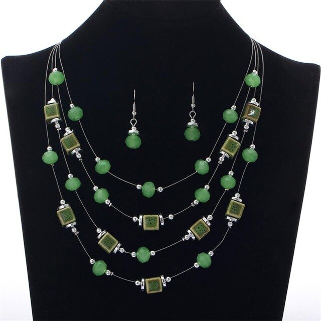 Vintage Colors African Beads Jewelry Set For Women Ceramic Square Beads Crystal Steel Wire Choker Necklace +Drop Earring Sets
