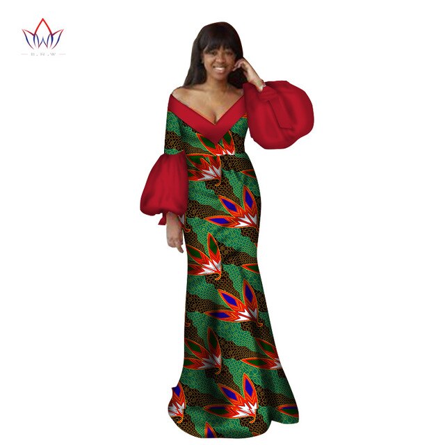 2019 Autumn traditional african clothing dashiki  floor-length african v-neck dresses for women full sleeve none 6xl BRW WY2368