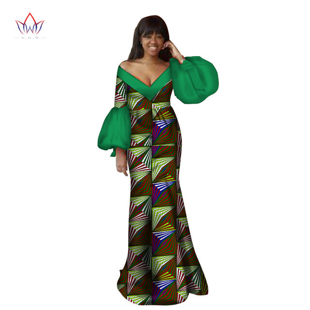 2019 Autumn traditional african clothing dashiki  floor-length african v-neck dresses for women full sleeve none 6xl BRW WY2368