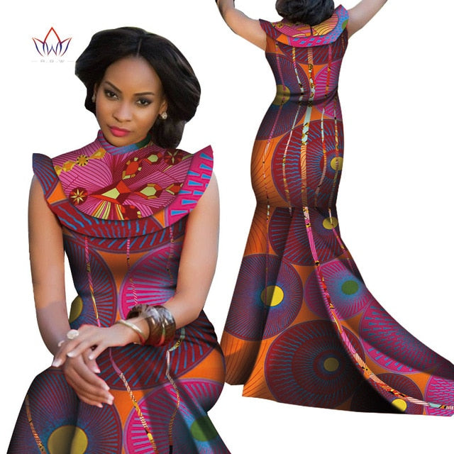 Print Splice Stand Neck Mermaid African Dashiki  Dress